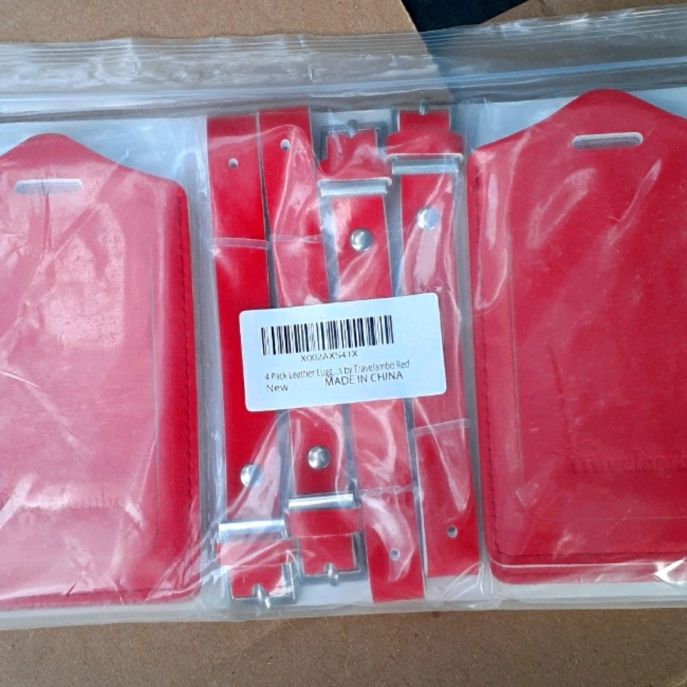 4 pack leather luggage tags red